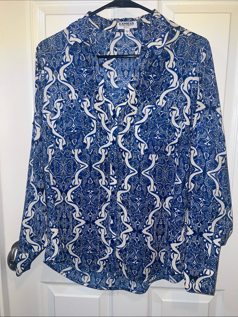 Express Blue and White Printed Button-Down Blouse